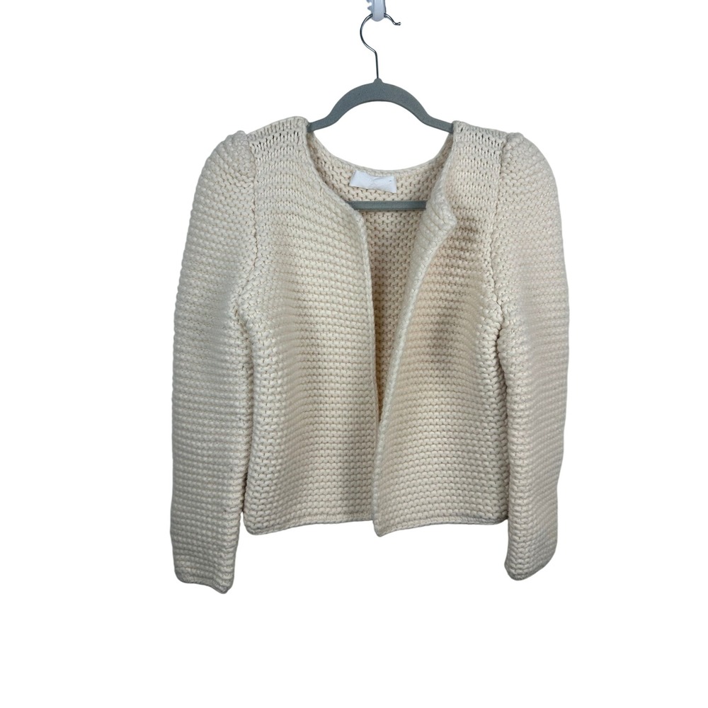 Co Cardigan Sweater Womens S Ivory Excellent Merino Wool Chunky Knit Puff Sleeve